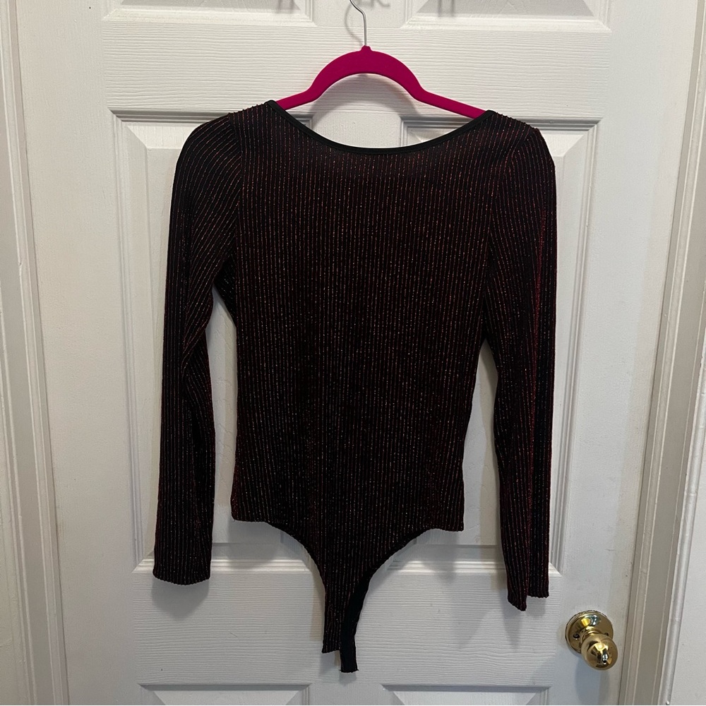 Black & Red Sparkle Open Back Long Sleeve Bodysuit